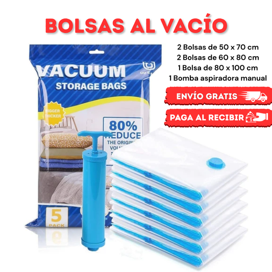 COMBO X 5 BOLSAS AL VACÍO RE-UTILIZABLES + BOMBA DE AIRE